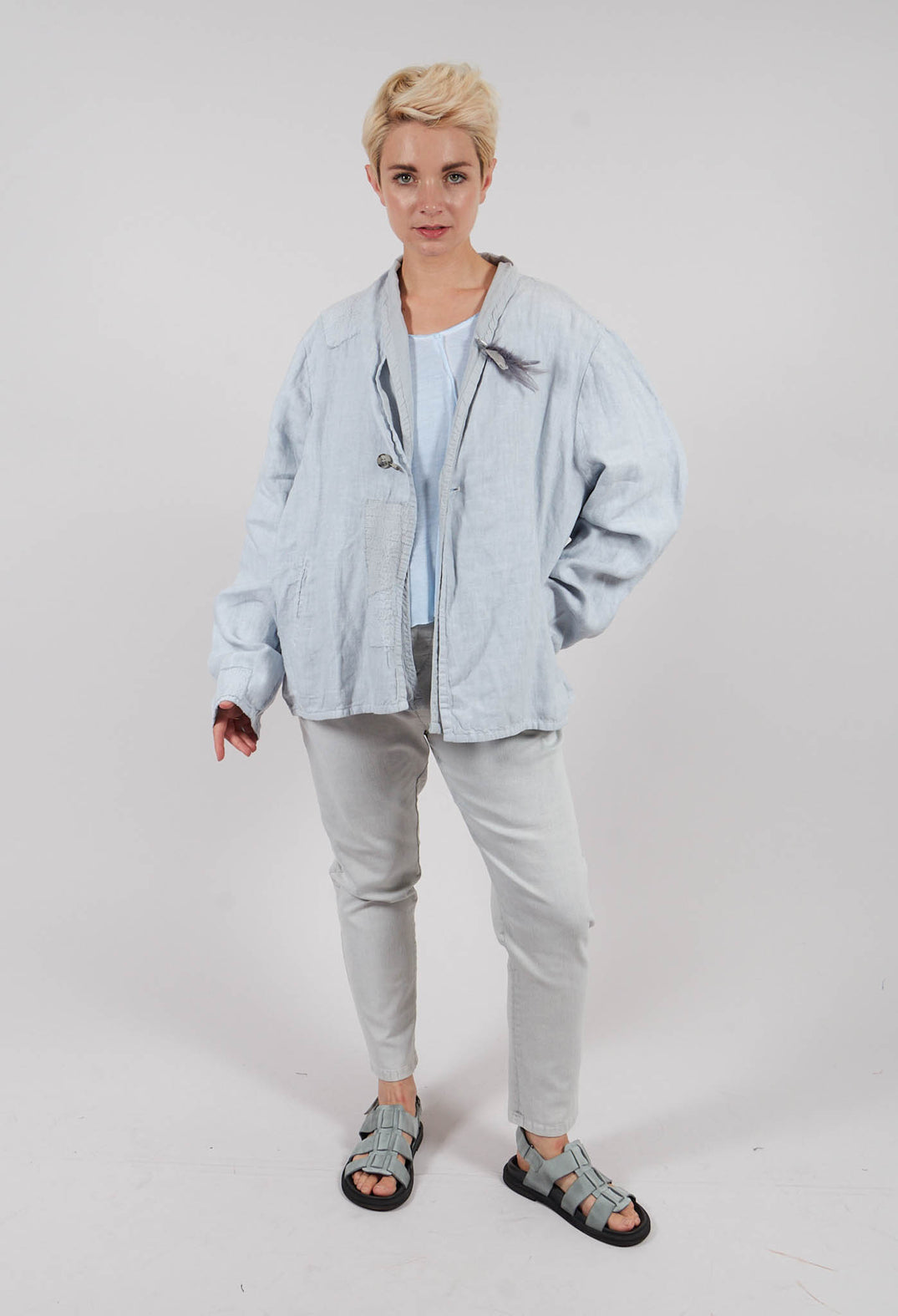 Slim Fit Jeans with Contrasting Waistband in Light Grey