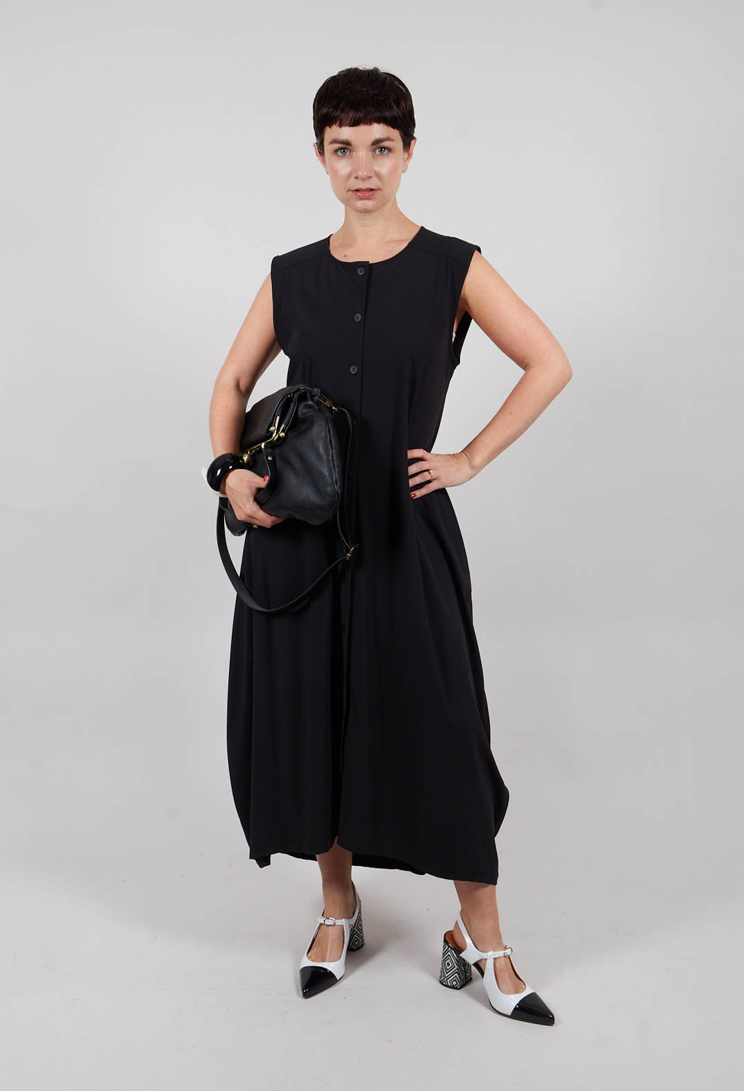 Button Front Long Dress in Black