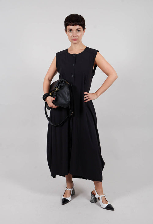 Button Front Long Dress in Black