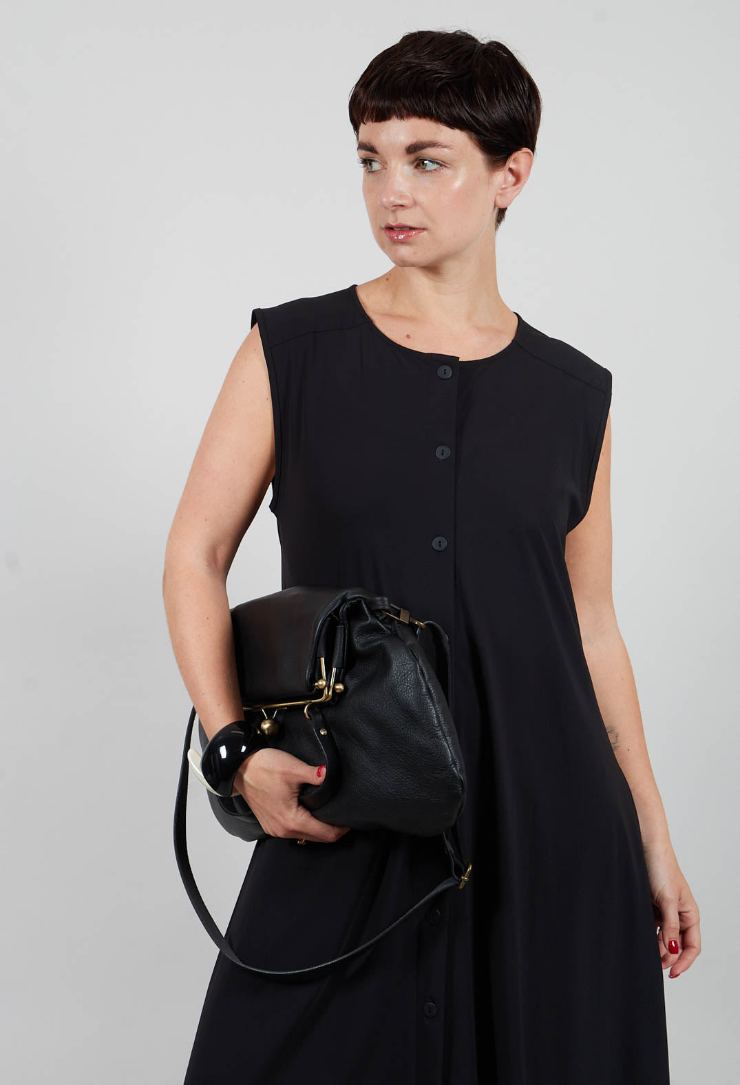 Button Front Long Dress in Black