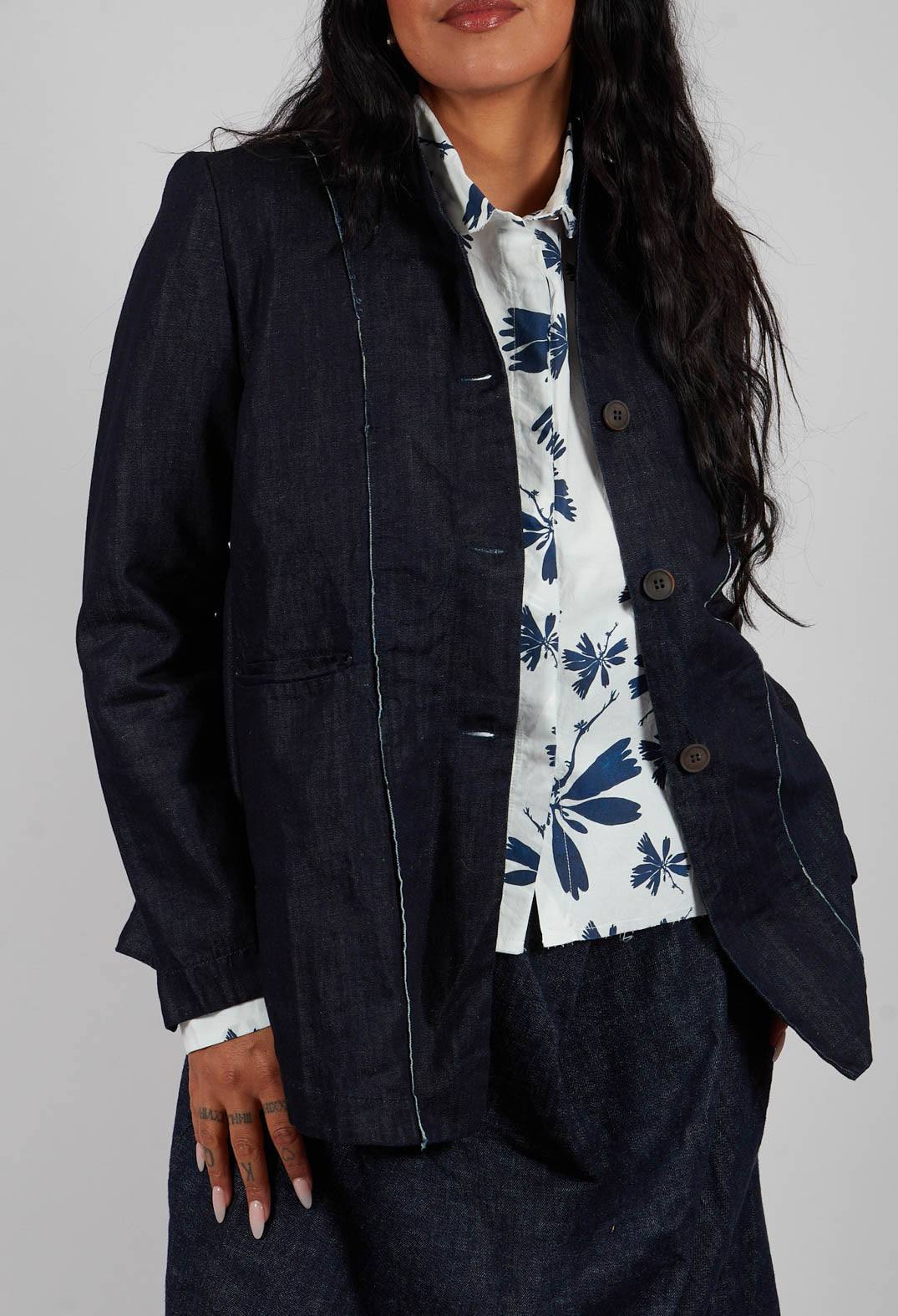 Collarless Jacket in Denim