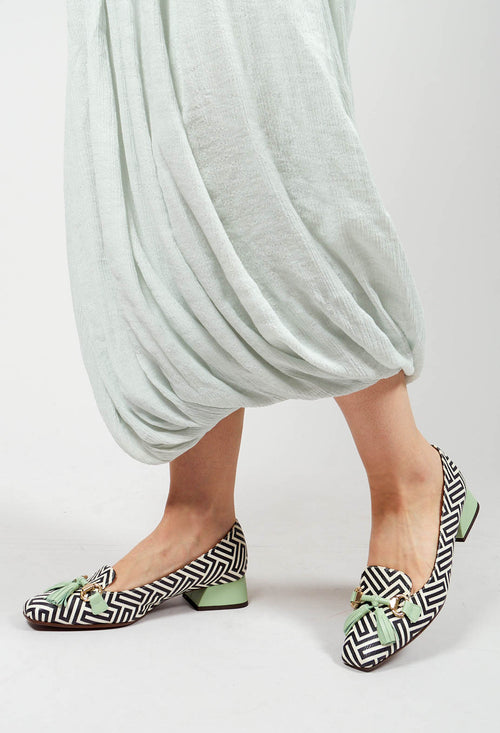 Hetus Shoe with Tassle Embelishment in Green Black and White