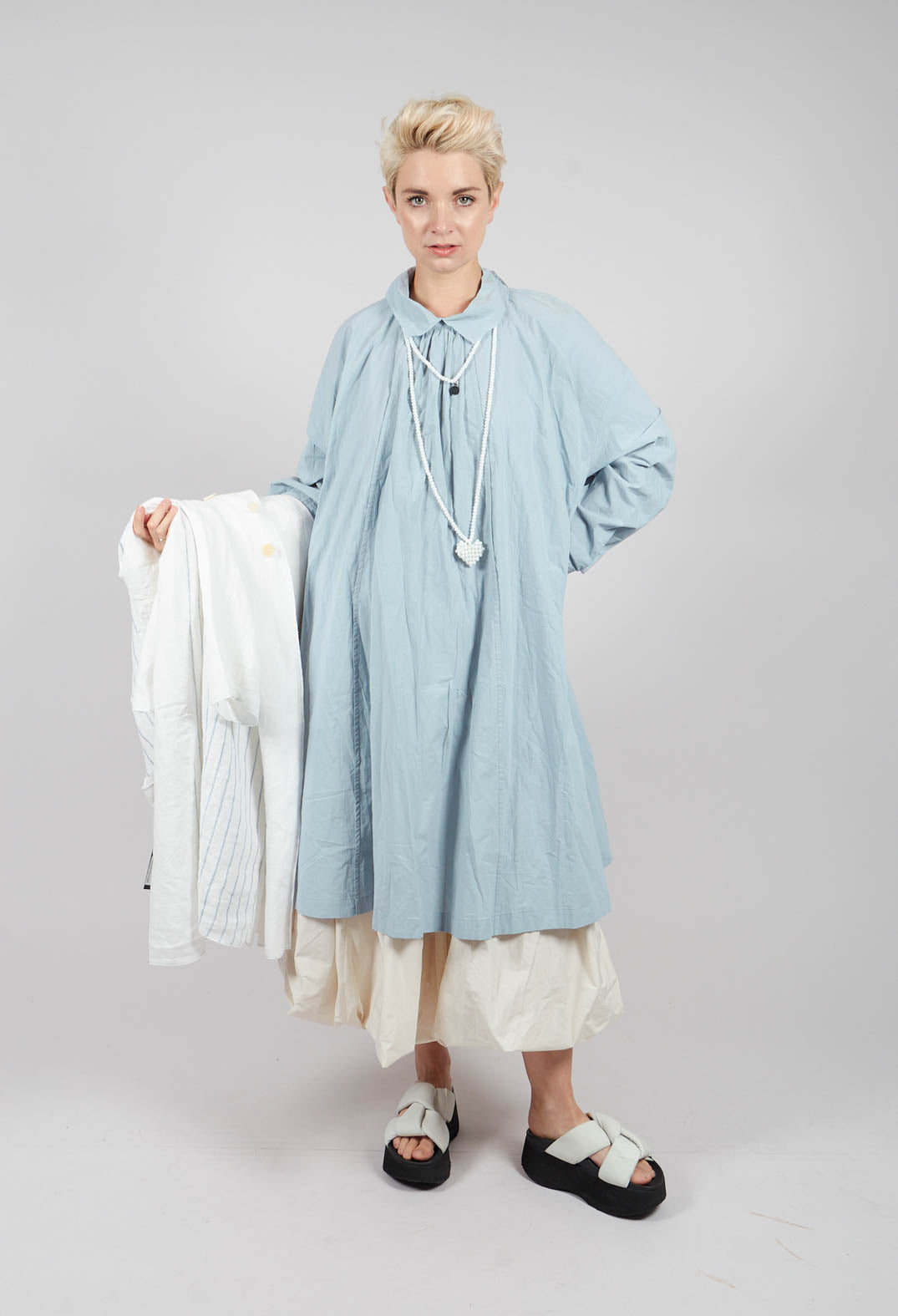 Pleated Neckline Shirt Dress in Blue