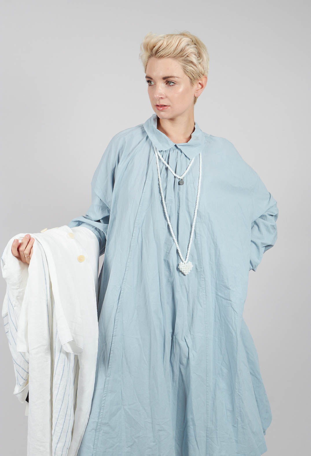 Pleated Neckline Shirt Dress in Blue