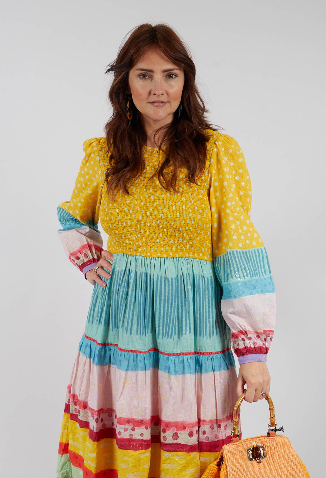 Balloon Sleeved Dress in Yellow Multicolour