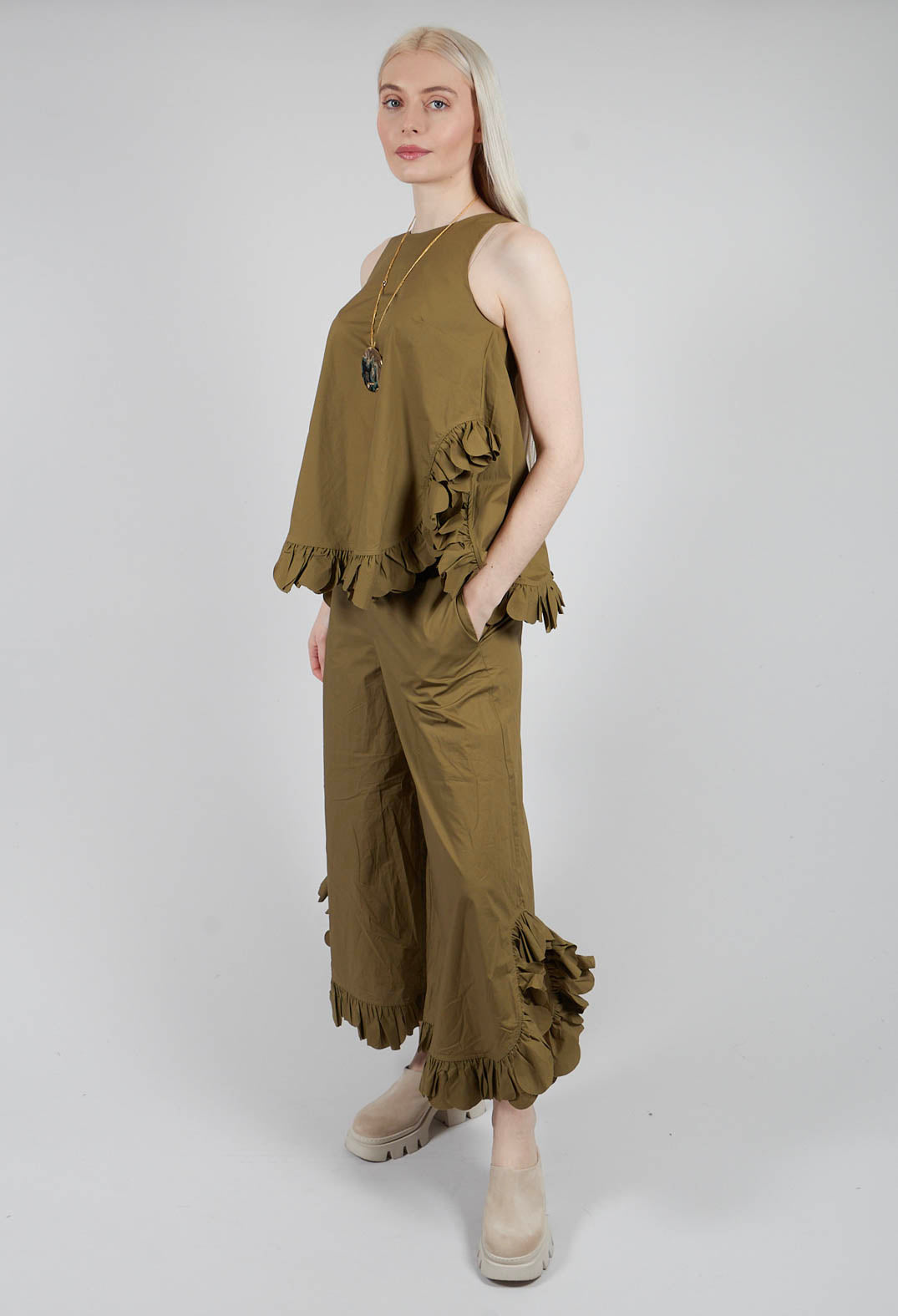 Frill Wide Leg Trousers in Avocado