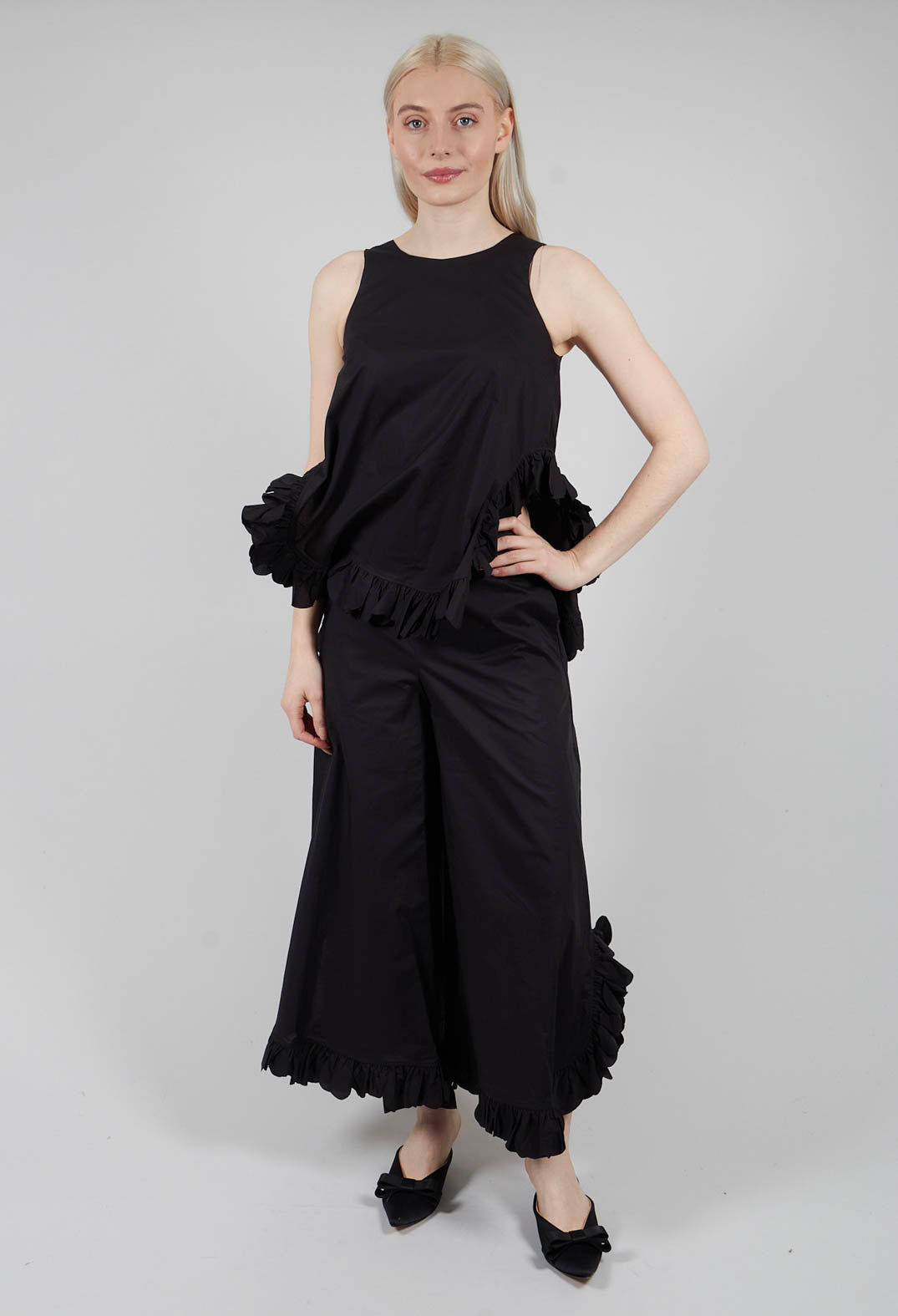 Frill Wide Leg Trousers in Black