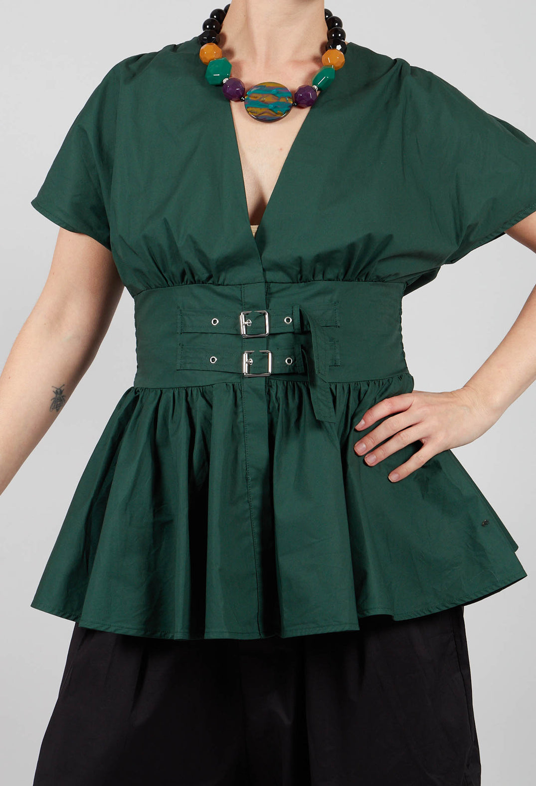 Belt Front Blouse in Green