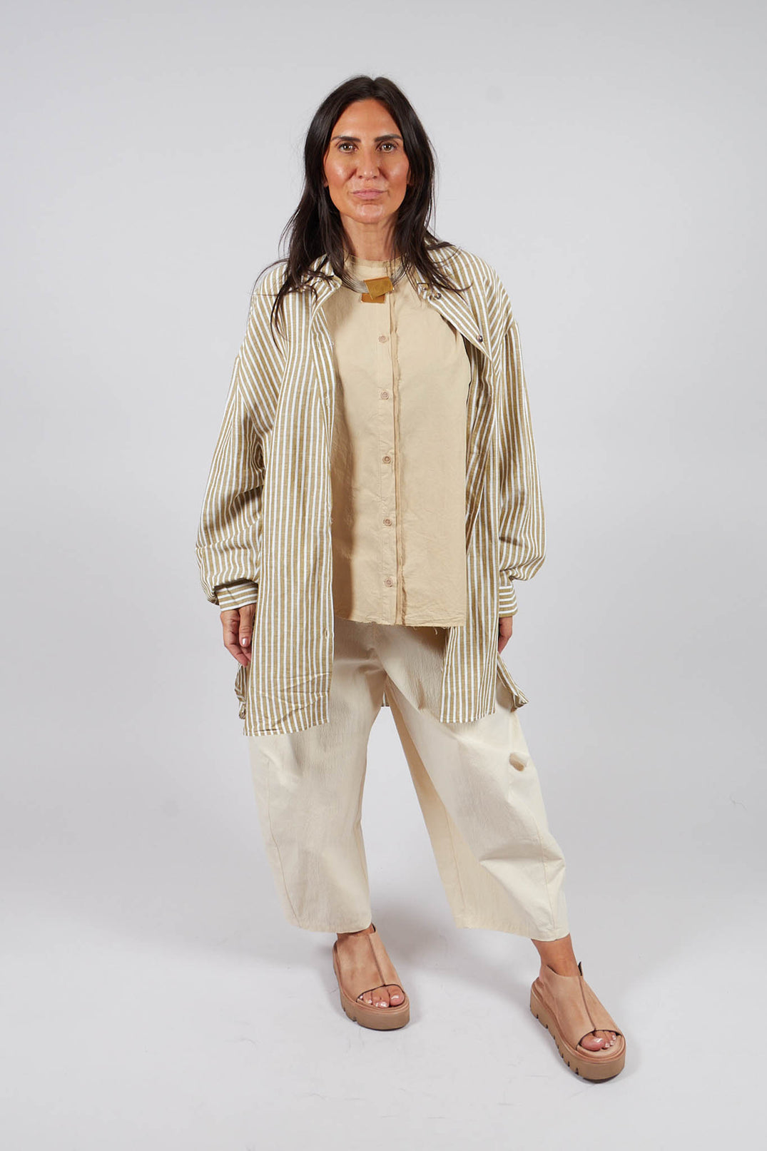 Striped Pleated Back Shirt in Riga Avocado