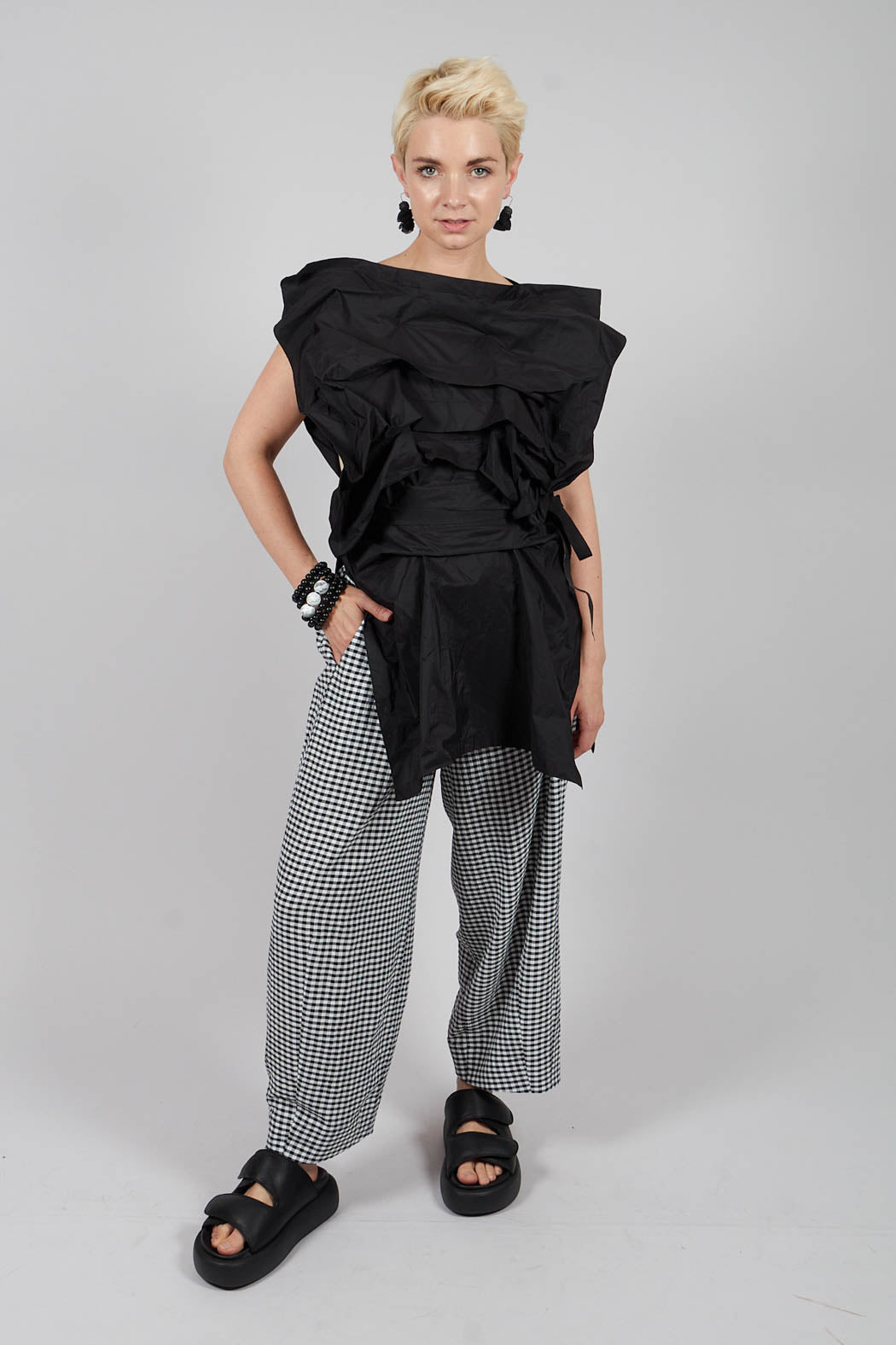Wide Leg Checked Trouser in Black and White