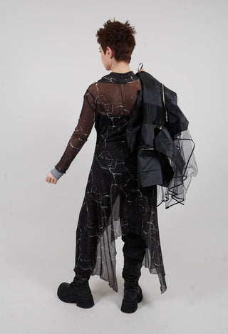 Asymmetrical Sheer Dress in Black Print