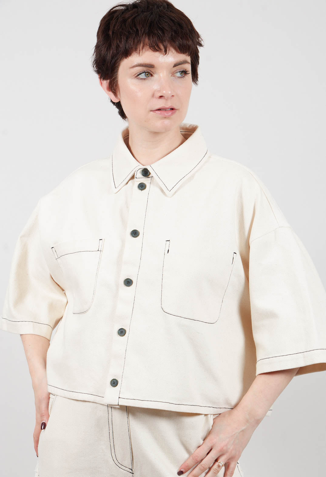 Cropped Denim Shirt in Off White