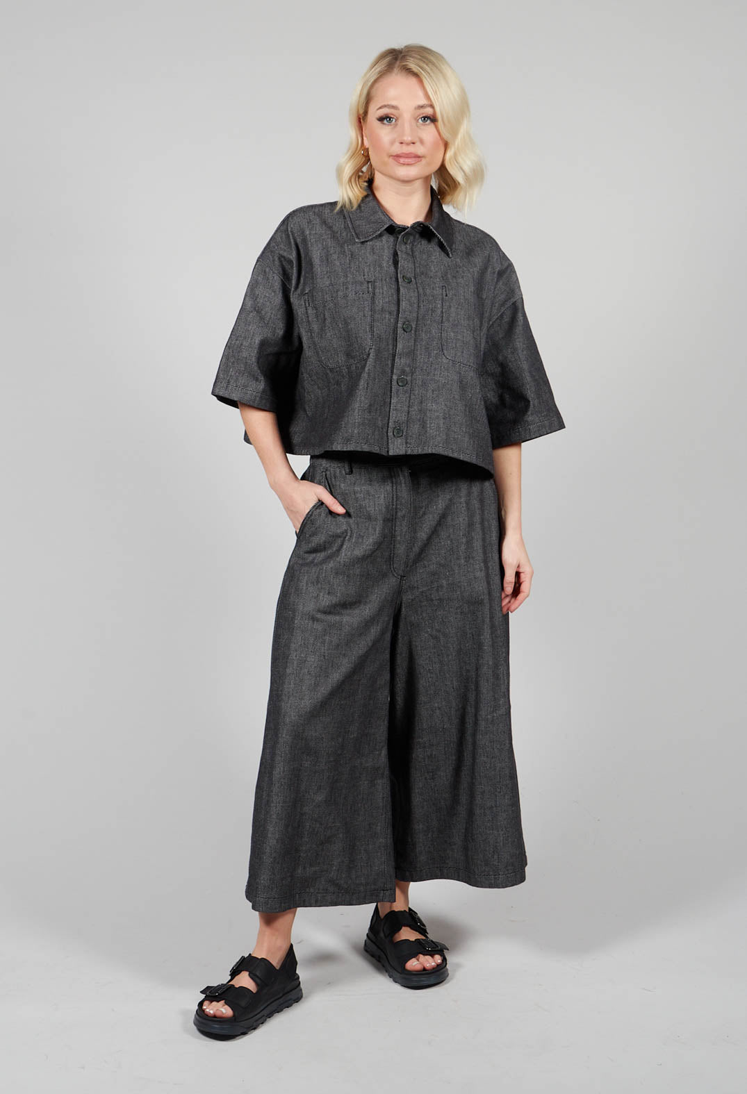 Contrast Stitch Wide Culottes in Dark Blue