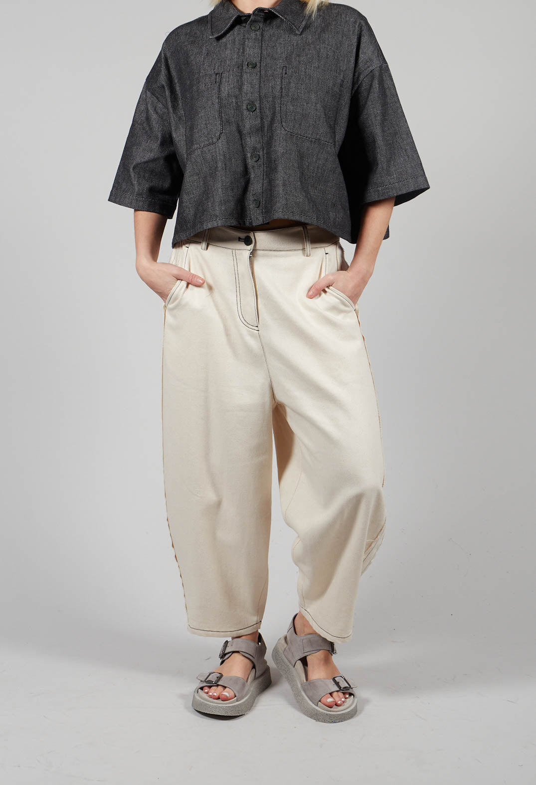 Contrast Stitch Jean Trousers in Off White