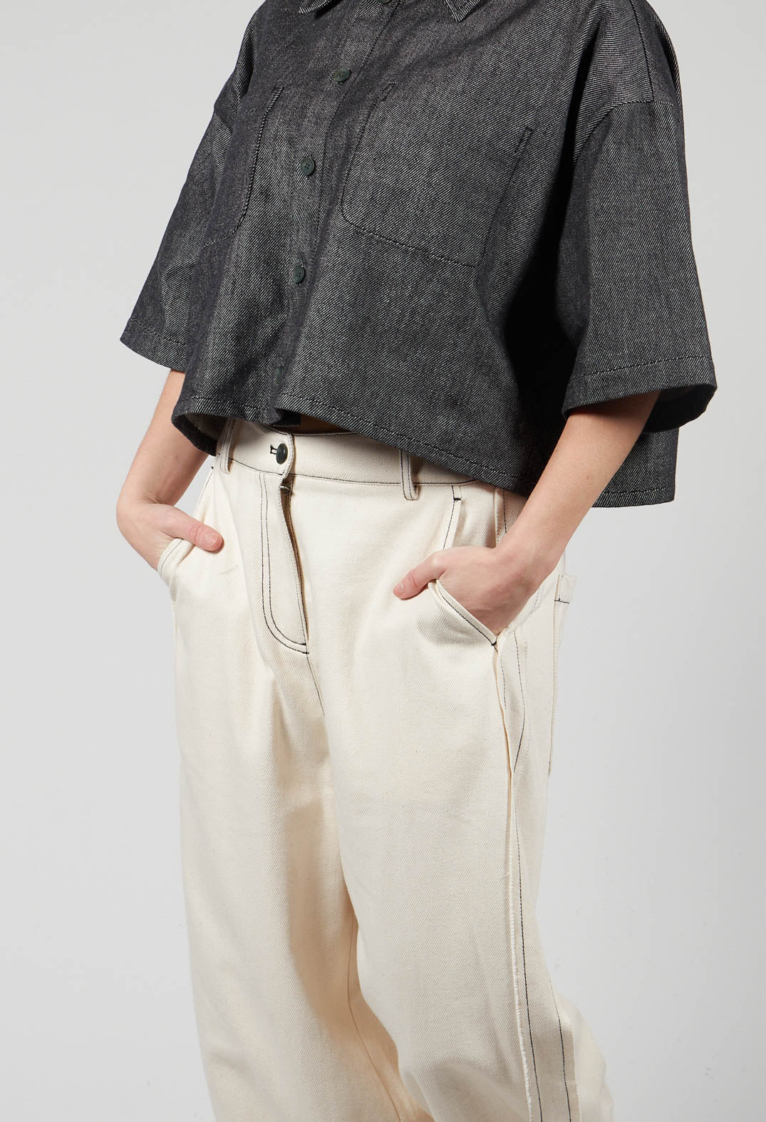 Contrast Stitch Jean Trousers in Off White