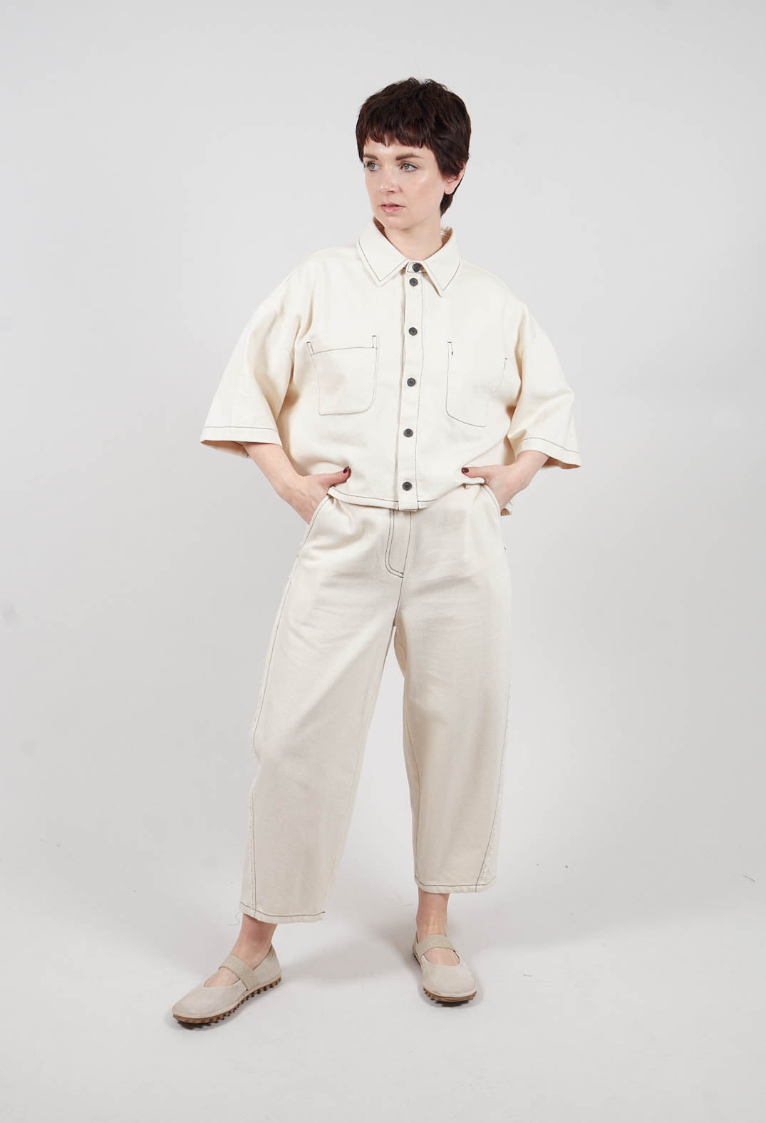 Raw Hemmed Jean Trousers in Off White