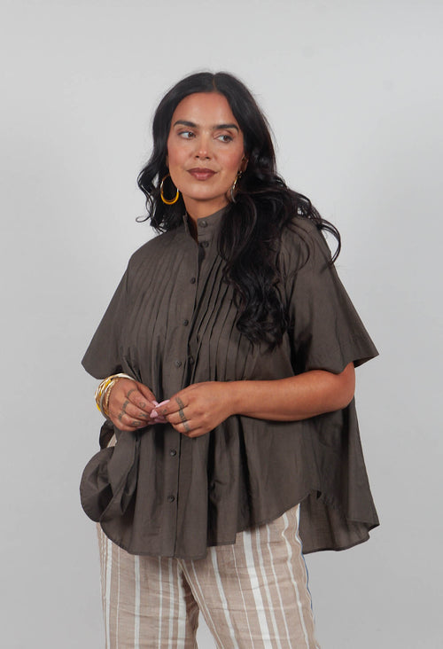 Pleated Front Blouse in Grey Brown