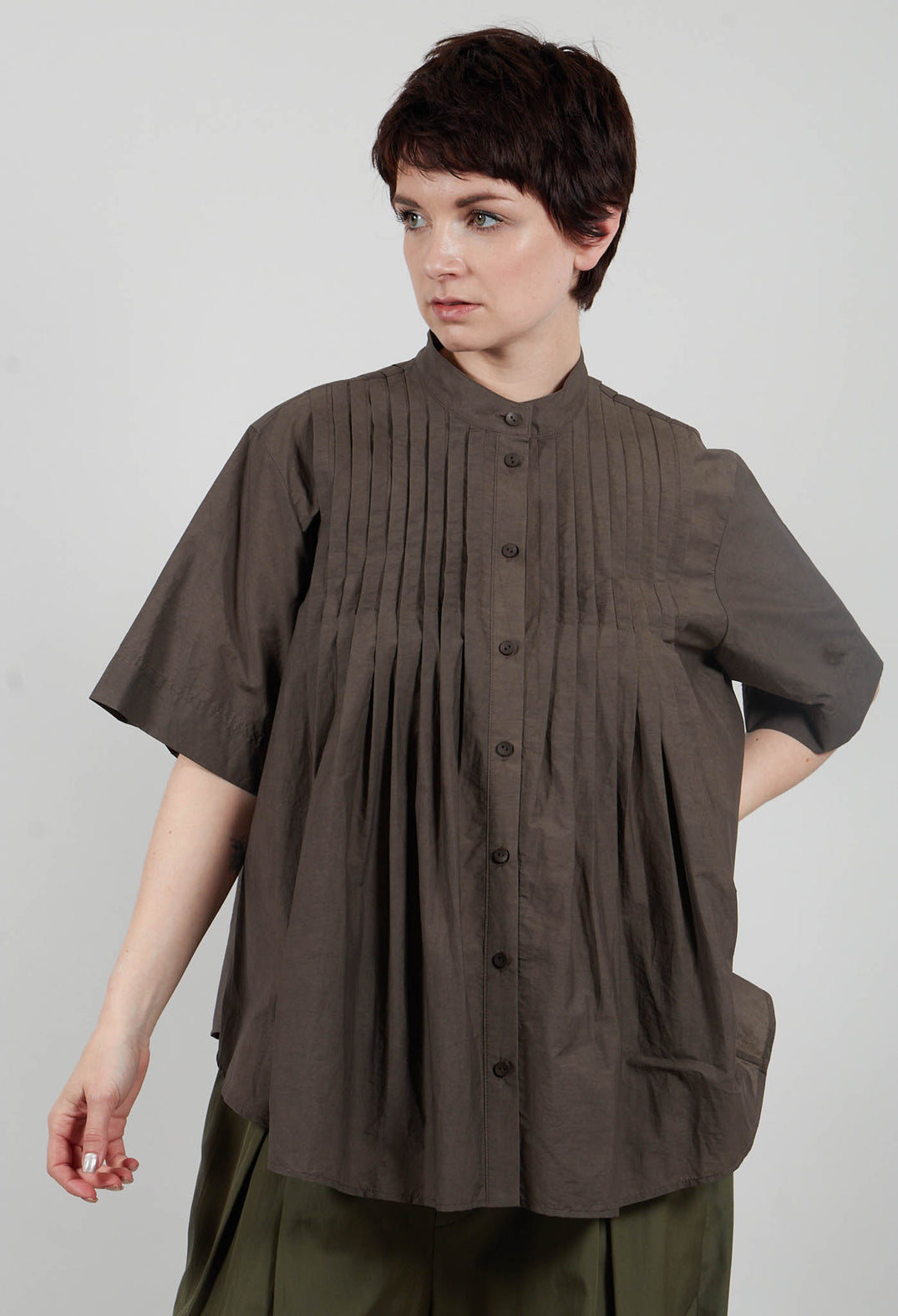 Pleated Front Blouse in Grey Brown