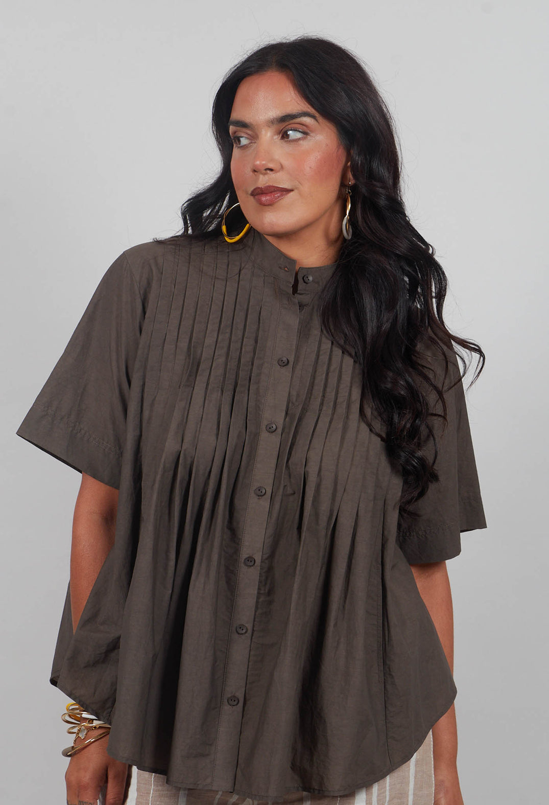 Pleated Front Blouse in Grey Brown