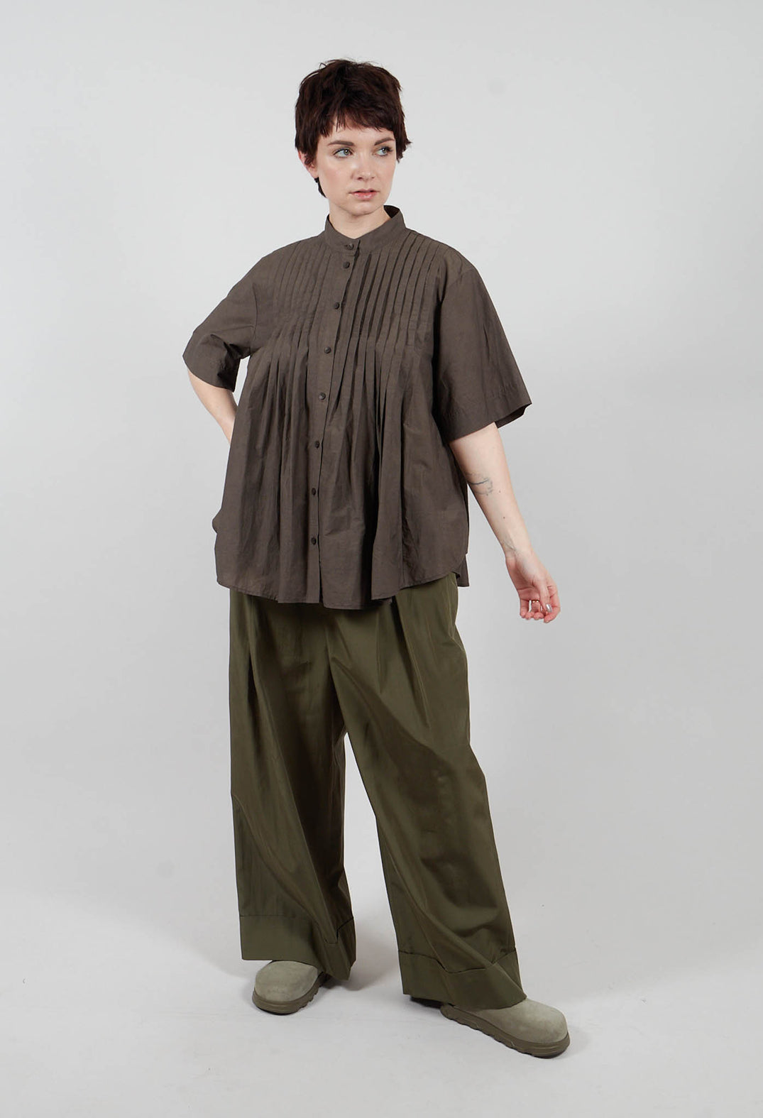 Pleated Front Blouse in Grey Brown