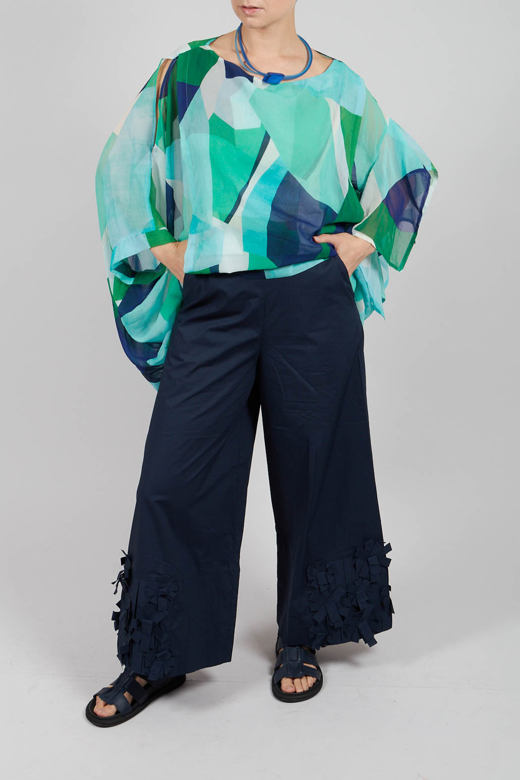 Fabric Embellished Hemmed Trousers in Navy
