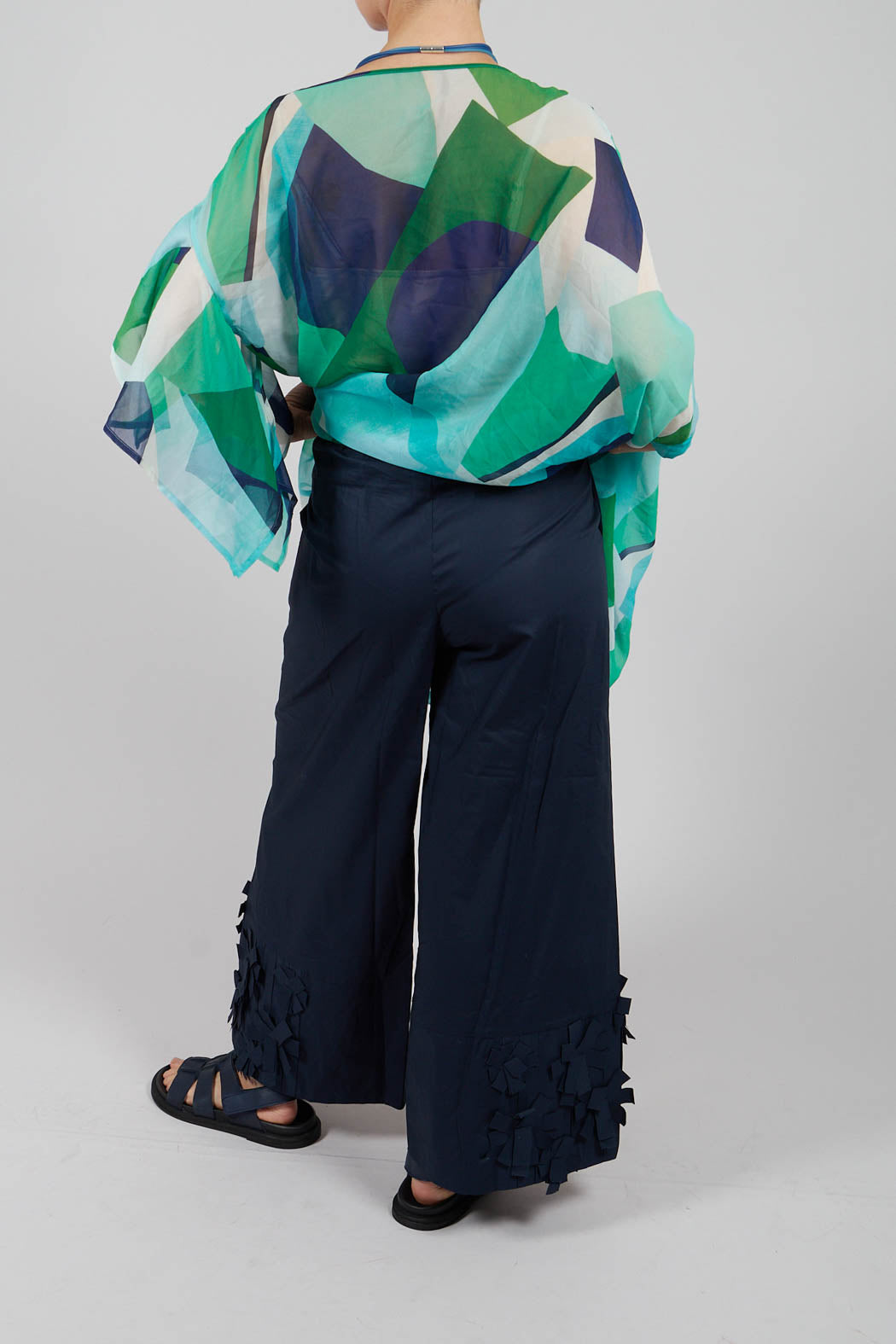 Fabric Embellished Hemmed Trousers in Navy