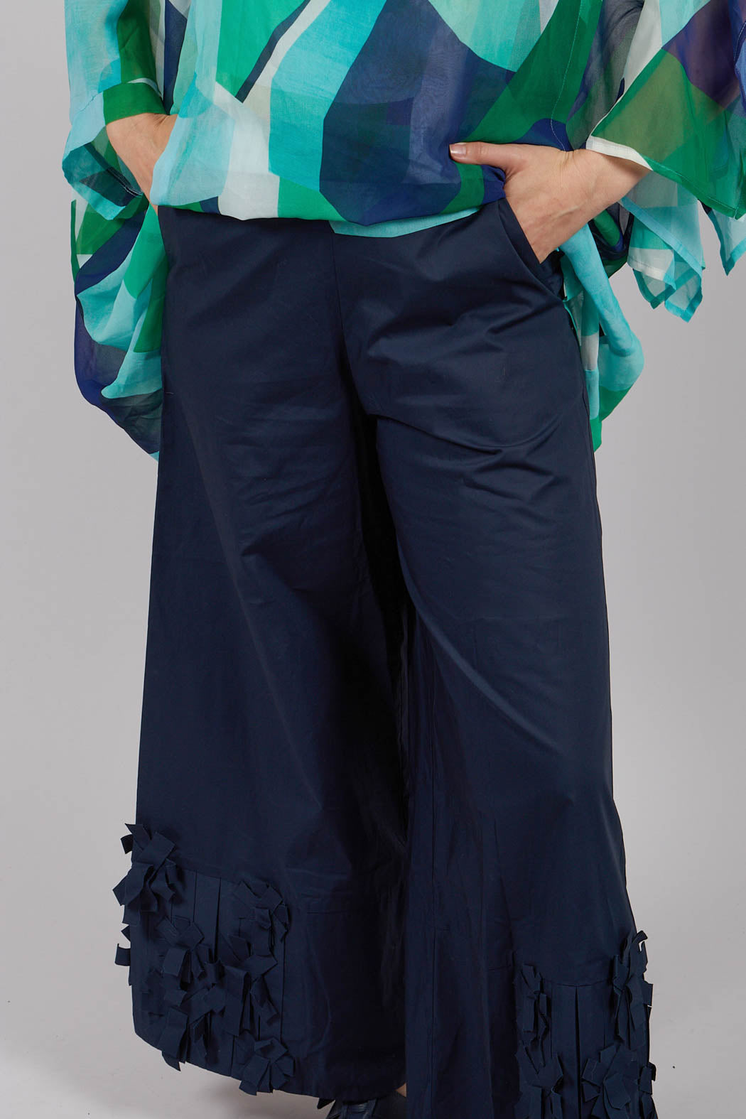 Fabric Embellished Hemmed Trousers in Navy