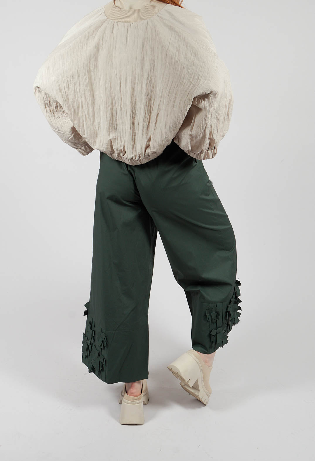 Fabric Embellished Hemmed Trousers in Green