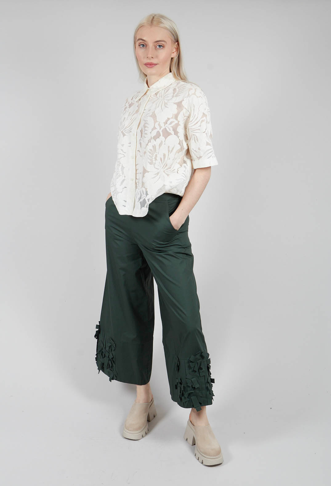Fabric Embellished Hemmed Trousers in Green