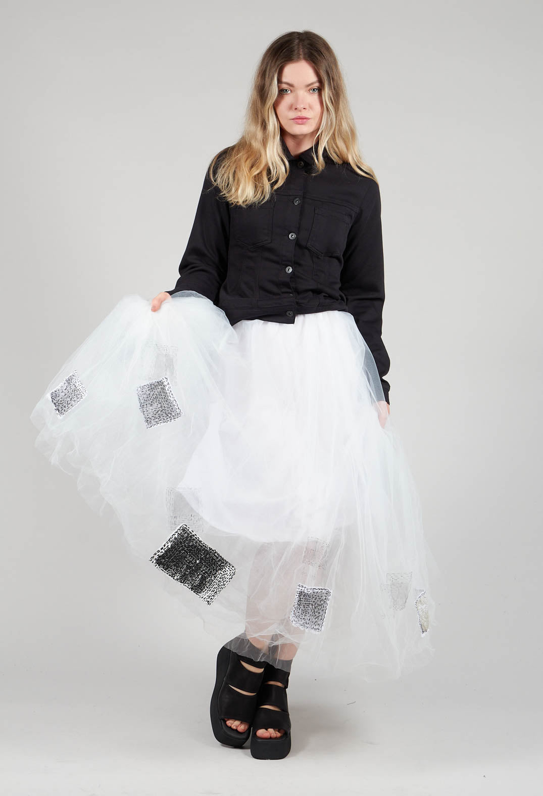 Patch Print Tulle Skirt in White