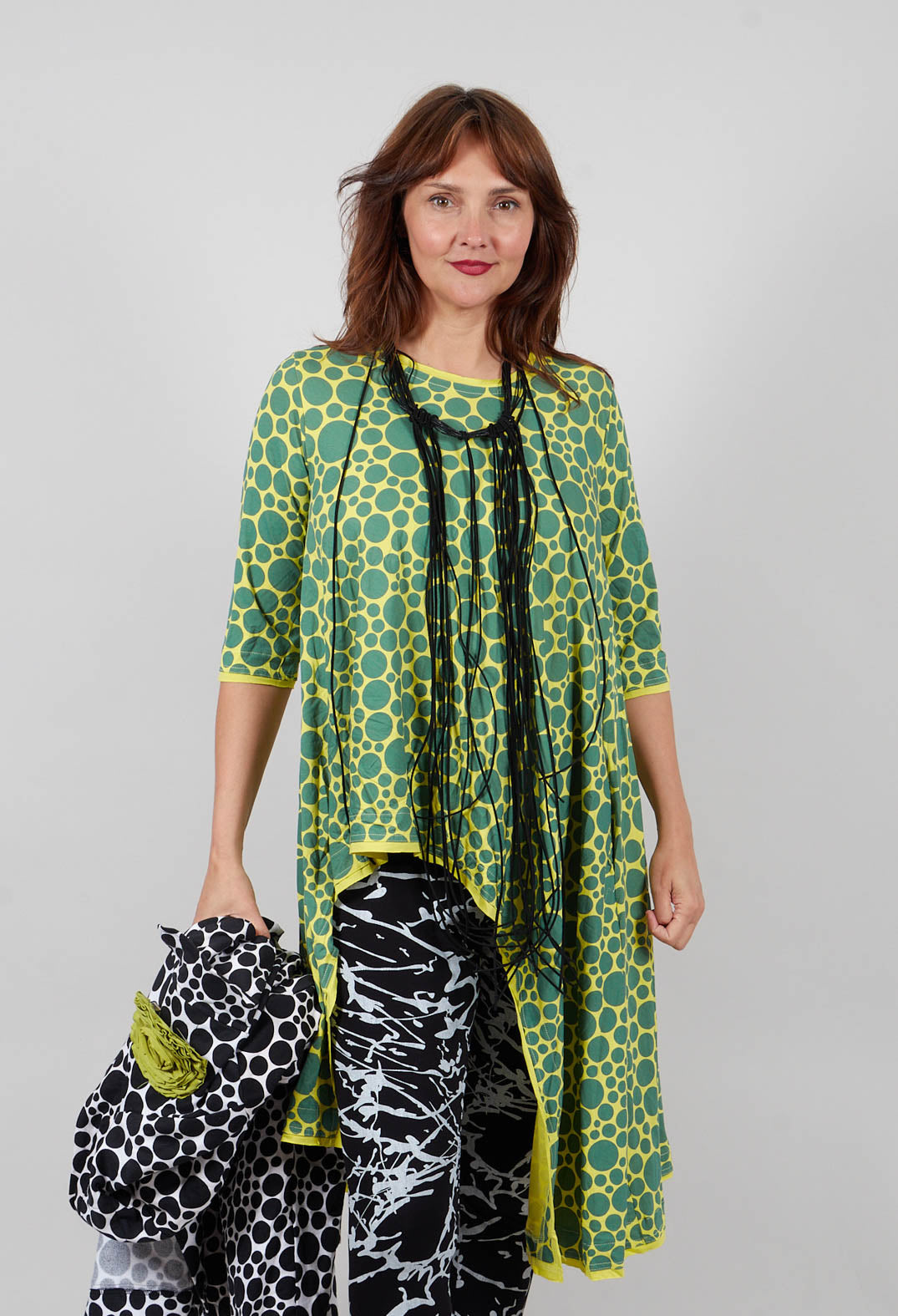 Asymmetrical Jersey Tunic Top in Lime with Green Pois