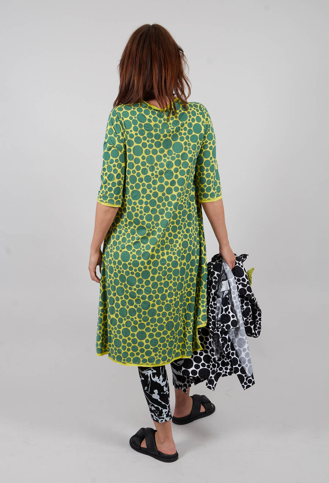 Asymmetrical Jersey Tunic Top in Lime with Green Pois