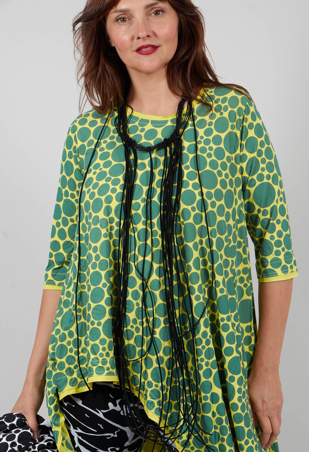 Asymmetrical Jersey Tunic Top in Lime with Green Pois