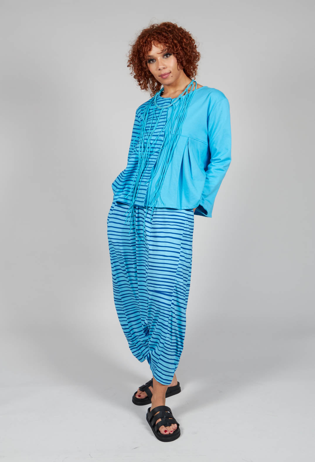 Contrast Sleeve Top in Turquoise with Blue Lines