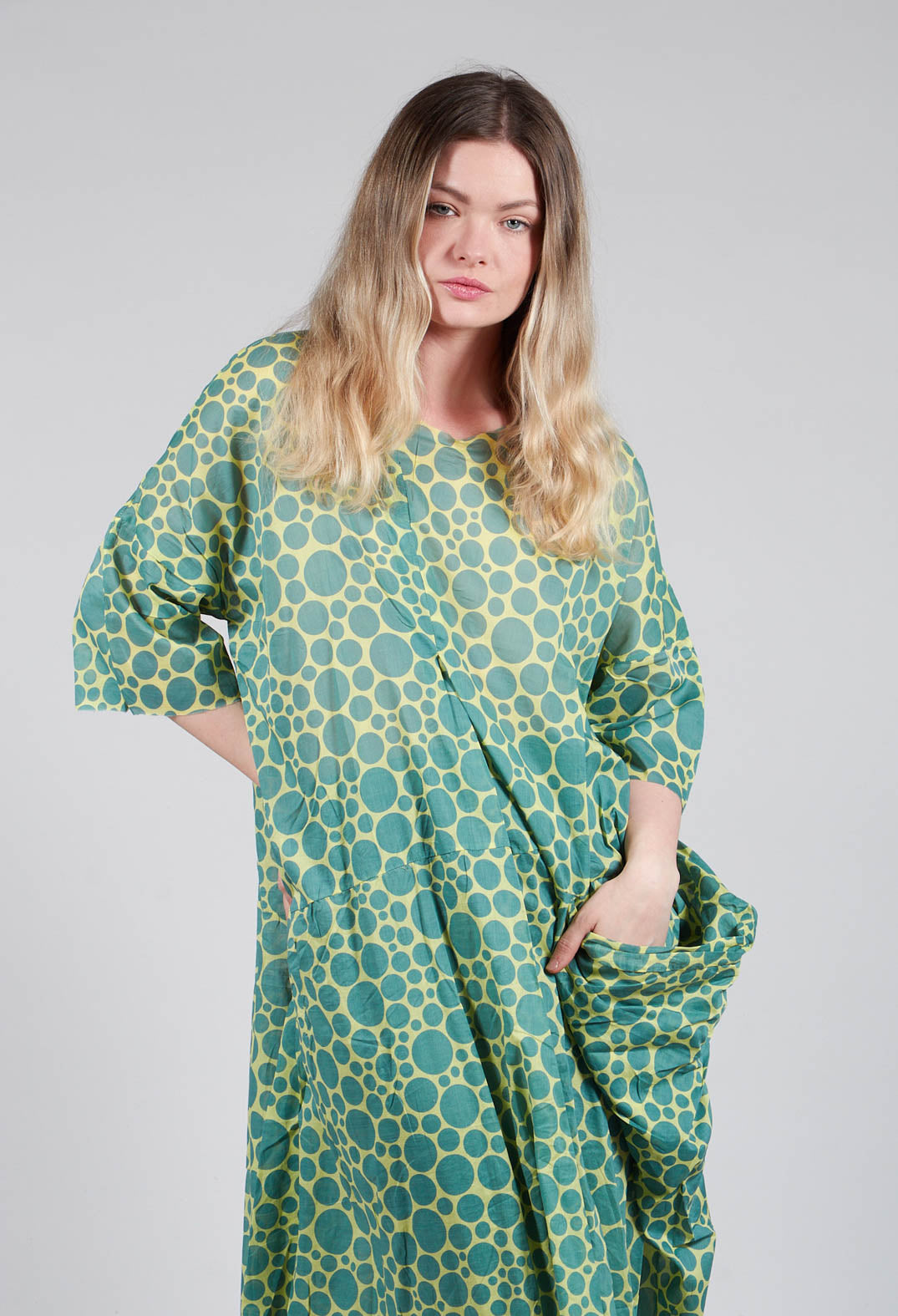 Sheer Pocket Detail Dress in Lime with Green Pois
