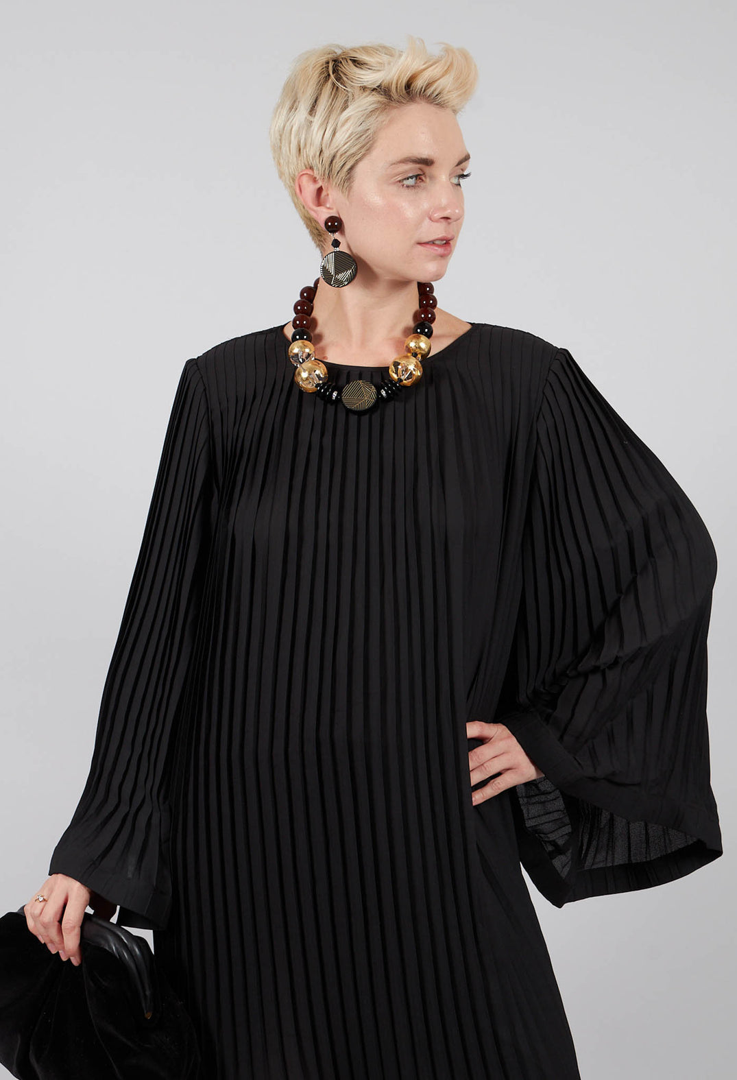 Butterfly Sleeved Pleated Dress in Black