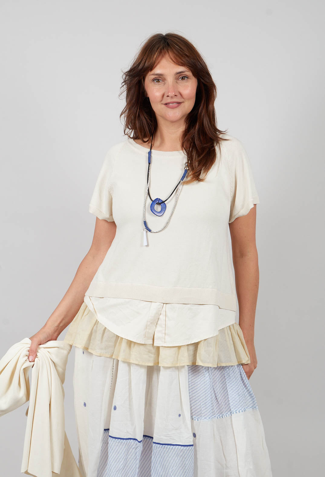 Sweater Top with Layered Hem in Cream