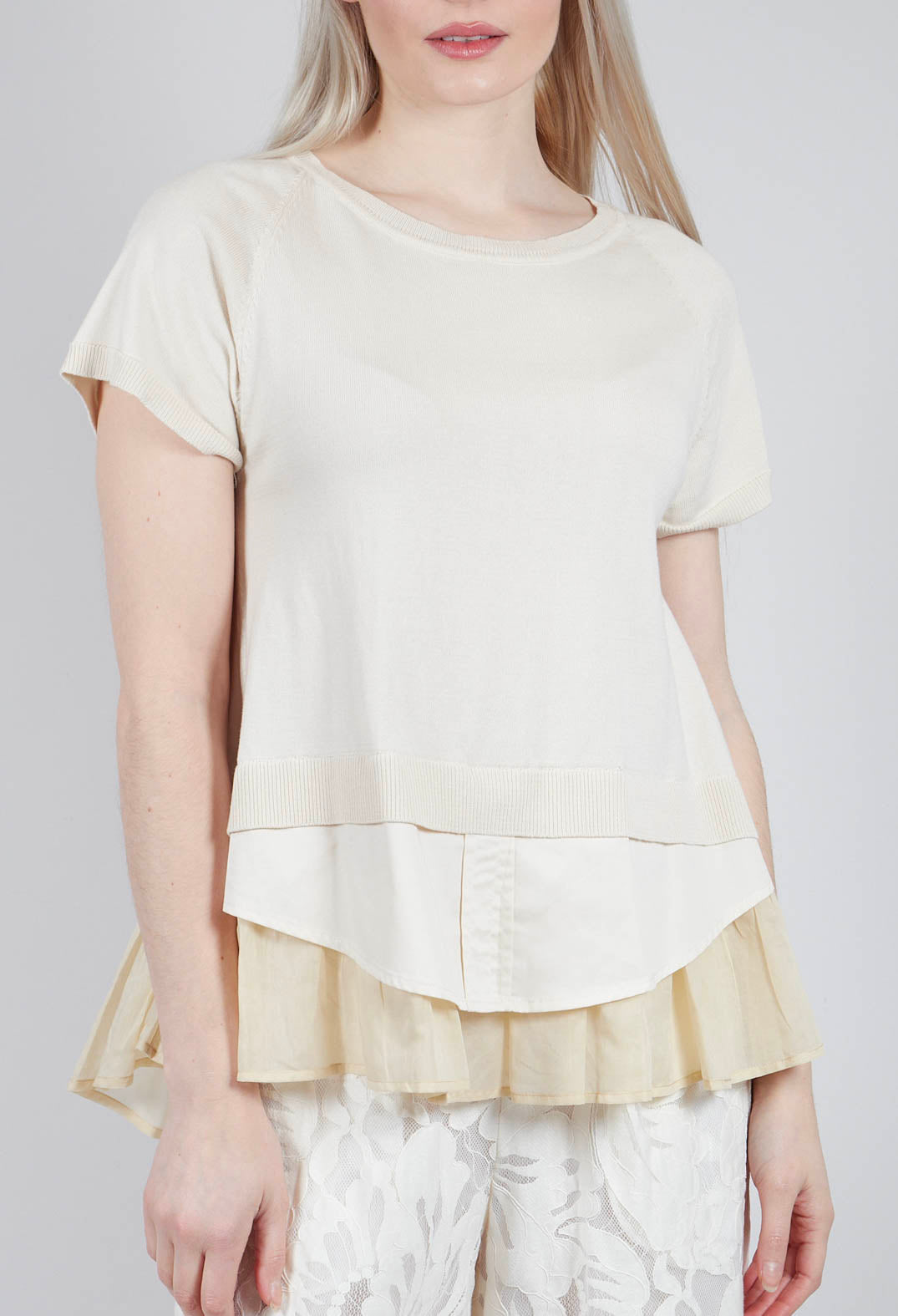 Sweater Top with Layered Hem in Cream
