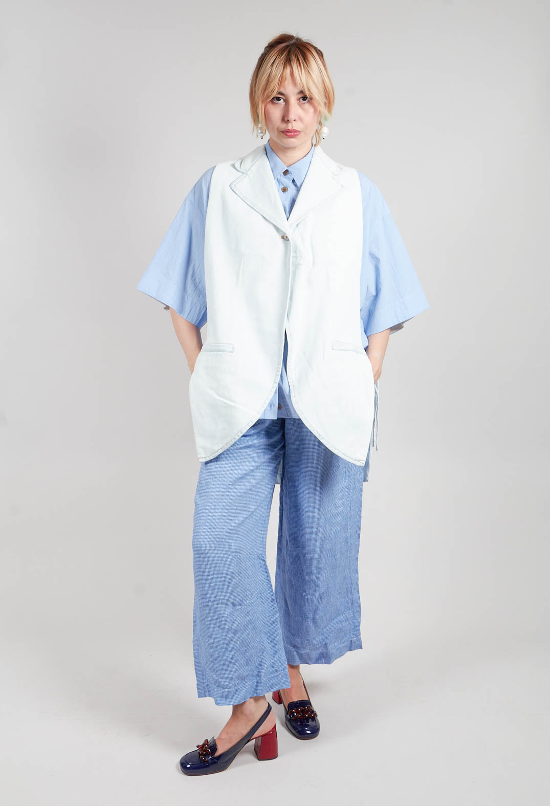 Longline Denim Waistcoat in Bleu Baby