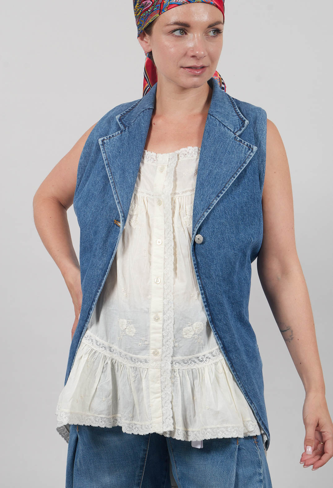 Longline Denim Waistcoat in Celeste