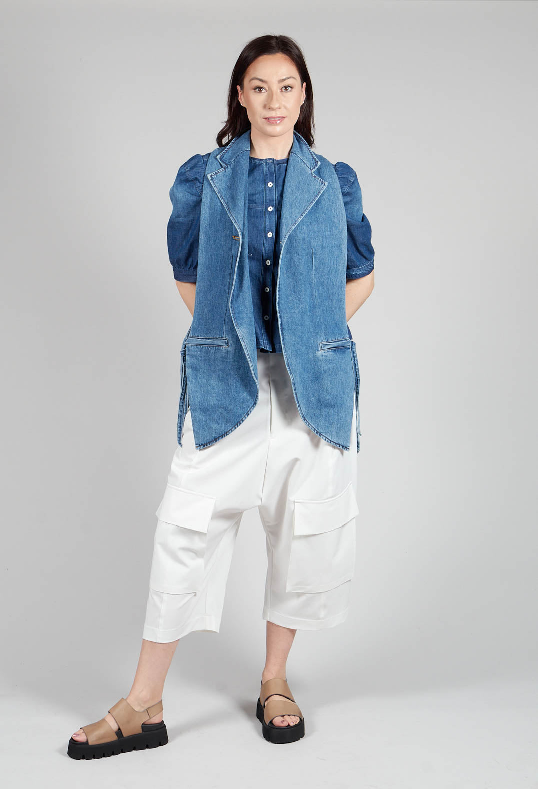 Longline Denim Waistcoat in Celeste