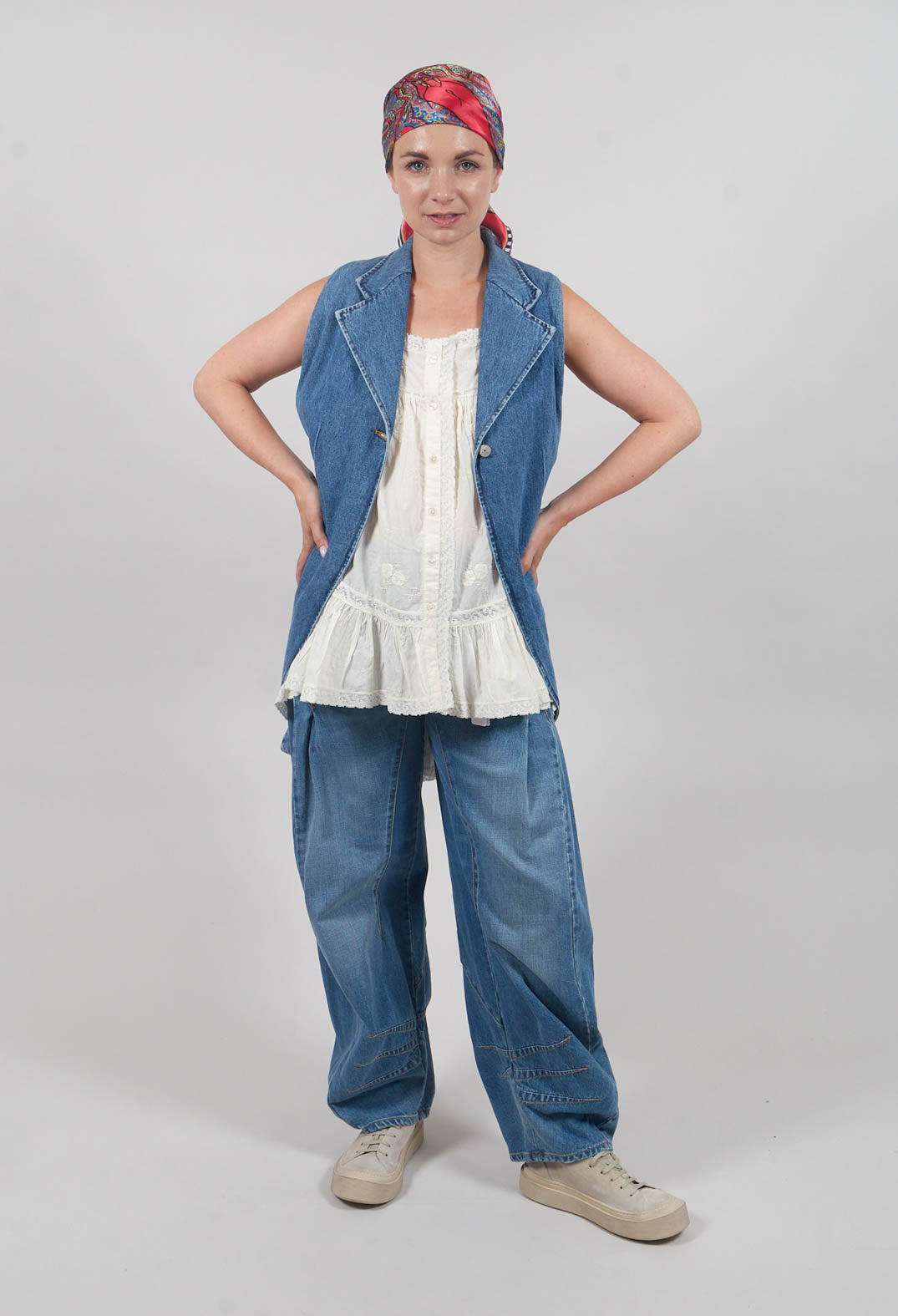 Longline Denim Waistcoat in Celeste