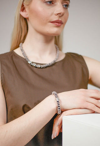 Square Beaded Ceramics Bracelet in Grey Black