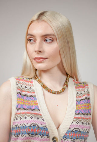 Square and Disc Beaded Necklace in Khaki and Antique Brown