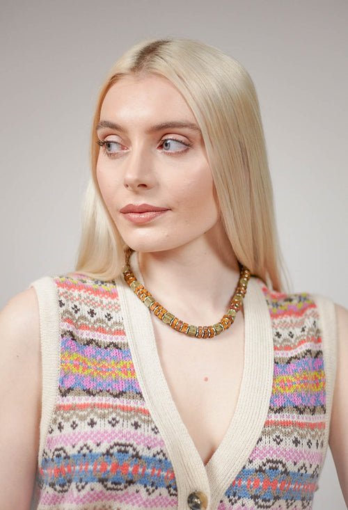 Square and Disc Beaded Necklace in Khaki and Antique Brown