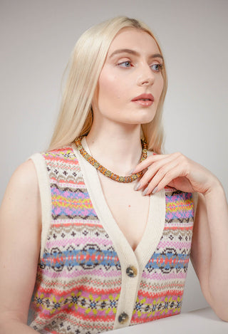Square and Disc Beaded Necklace in Khaki and Antique Brown