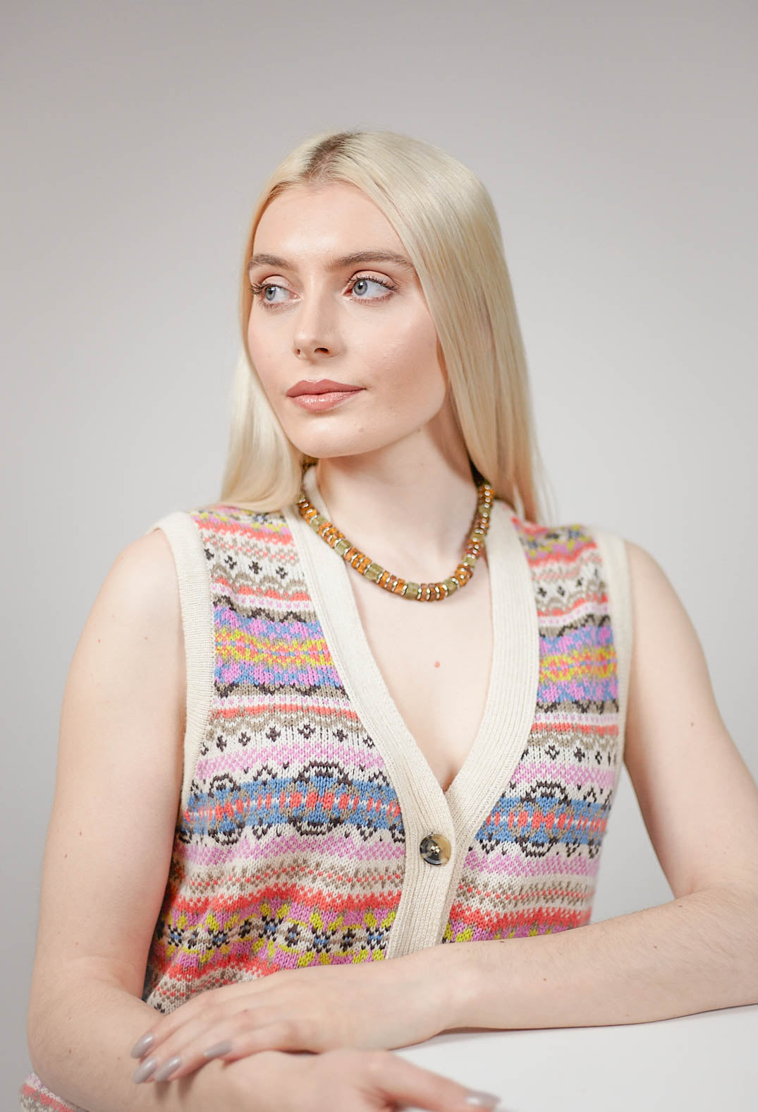 Square and Disc Beaded Necklace in Khaki and Antique Brown