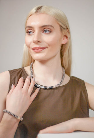 Square Beaded Ceramics Necklace in Grey Black