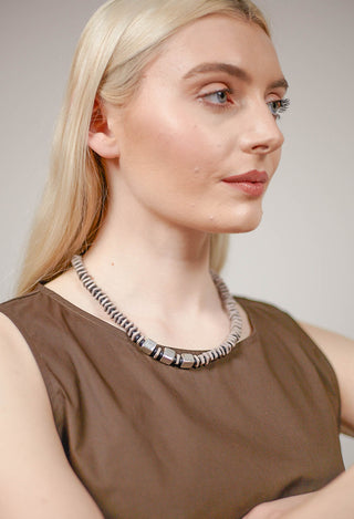 Square Beaded Ceramics Necklace in Grey Black