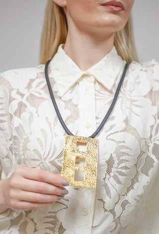 Rubber Necklace with Three Square Brass Pendant in Golden